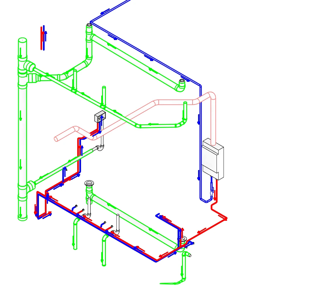 Isométrico de Revit con flechas gruesas que siguen la inclinación de cada tubo, incluidas las bajadas verticales