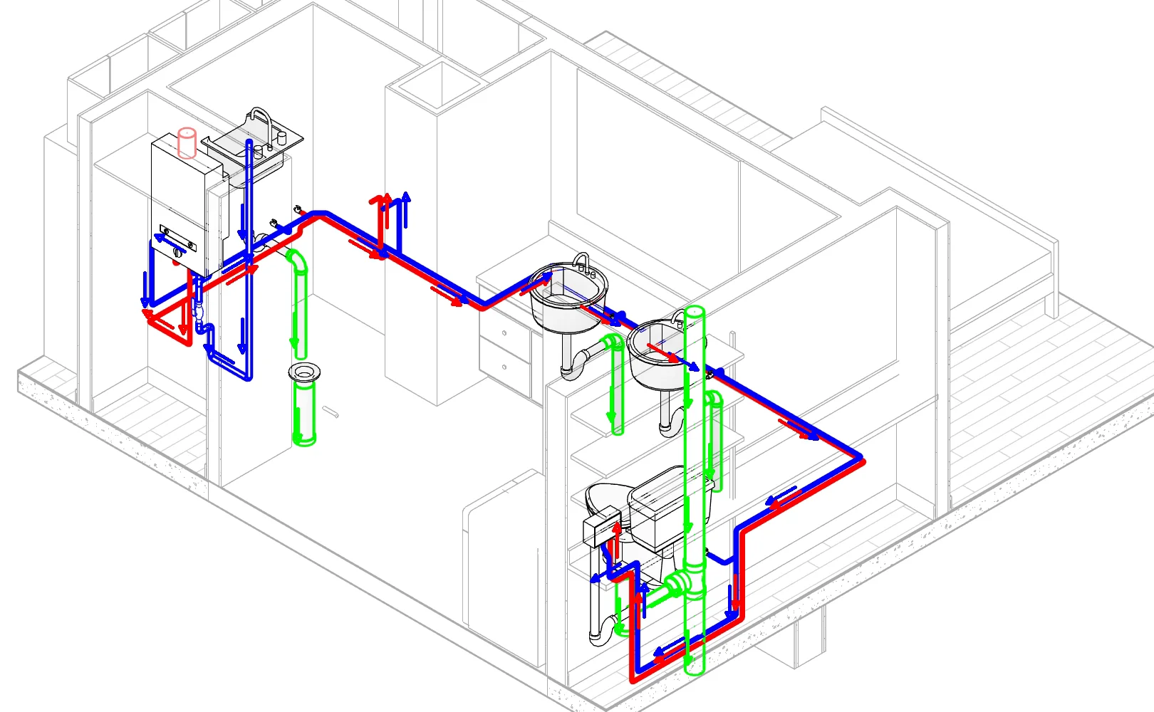 Isométrico de tuberías en Revit con flechas de flujo colocadas por el plug-in: agua fría en azul, agua caliente en rojo desde el calentador y sanitario en verde