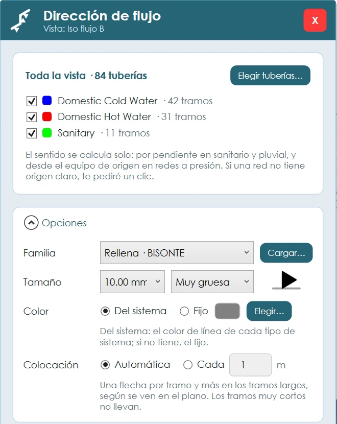 Opciones del plug-in: familia de flecha, tamaño, grosor de línea «Muy gruesa», color del sistema o fijo, y colocación automática o cada cierta distancia