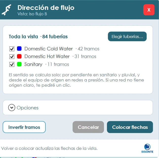 Ventana del plug-in Dirección de flujo con los sistemas de la vista, su color y el número de tramos de cada uno