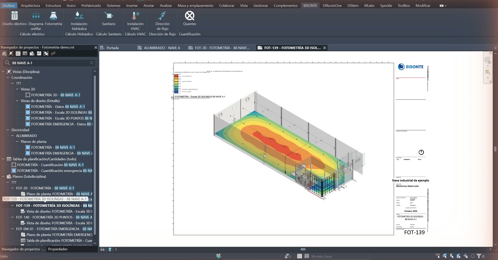 Hoja de fotometría generada en Revit con la vista 3D por colores y el pie de plano
