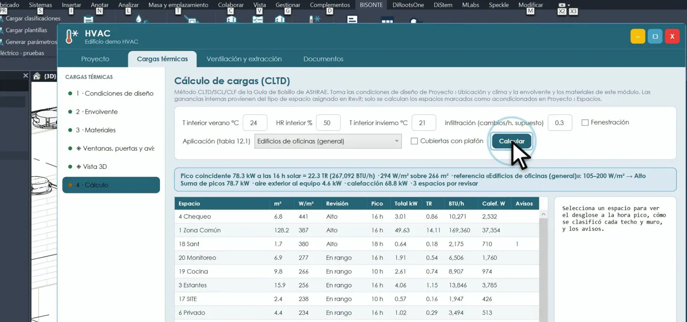 Cálculo de cargas térmicas por espacio con el método CLTD dentro de Revit