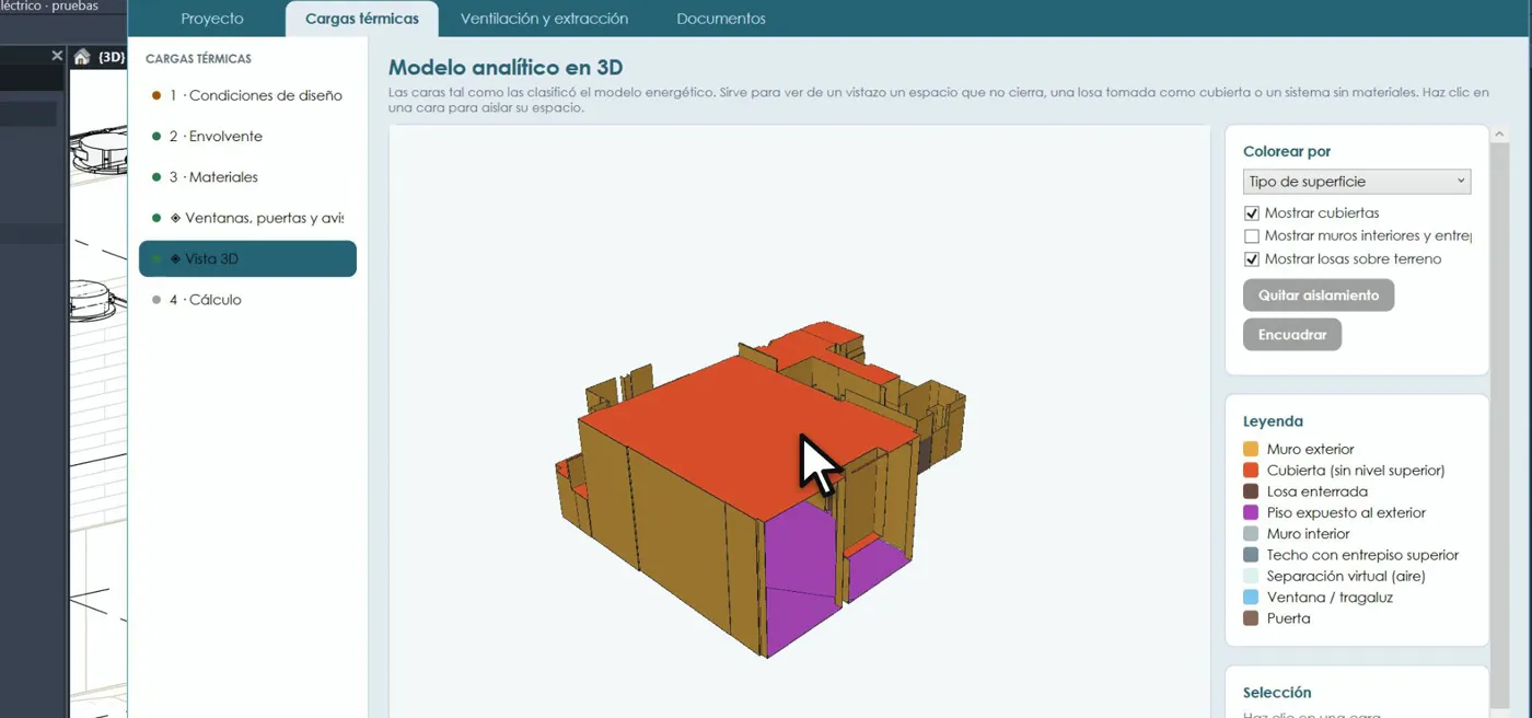 Envolvente del edificio leída del modelo arquitectónico y coloreada por tipo de superficie