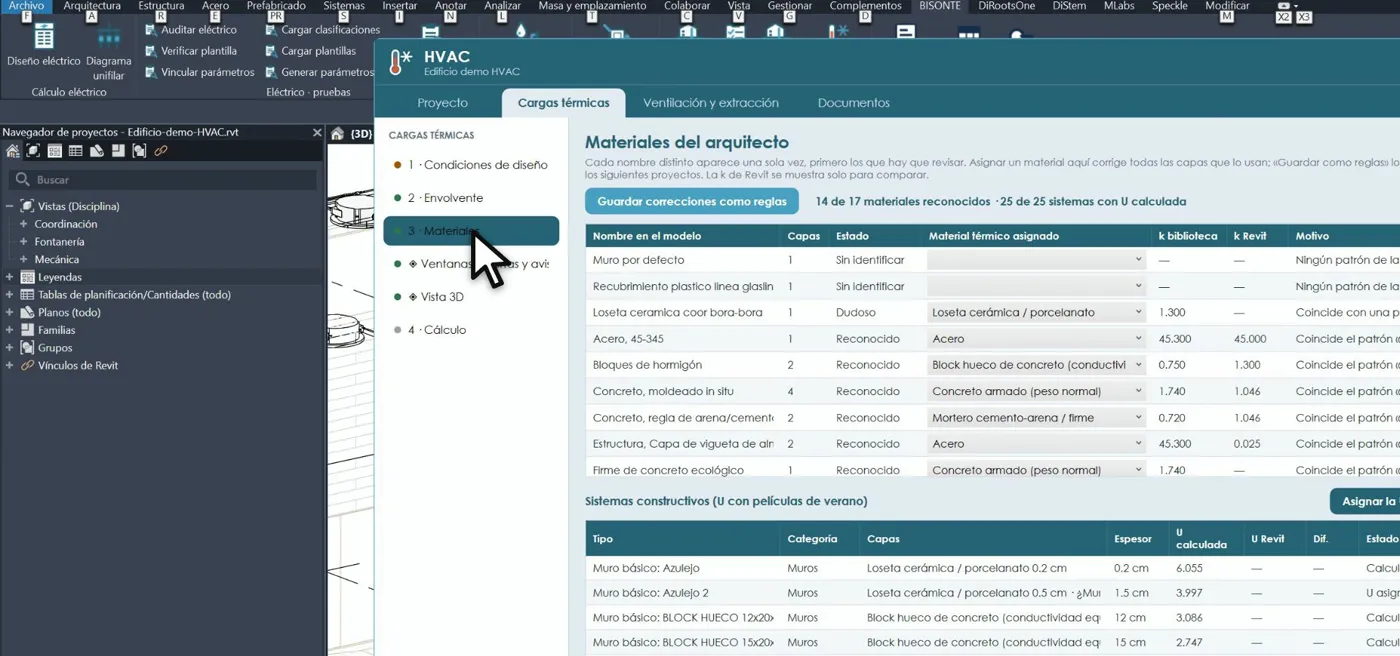 Materiales del modelo arquitectónico con su conductividad capa por capa