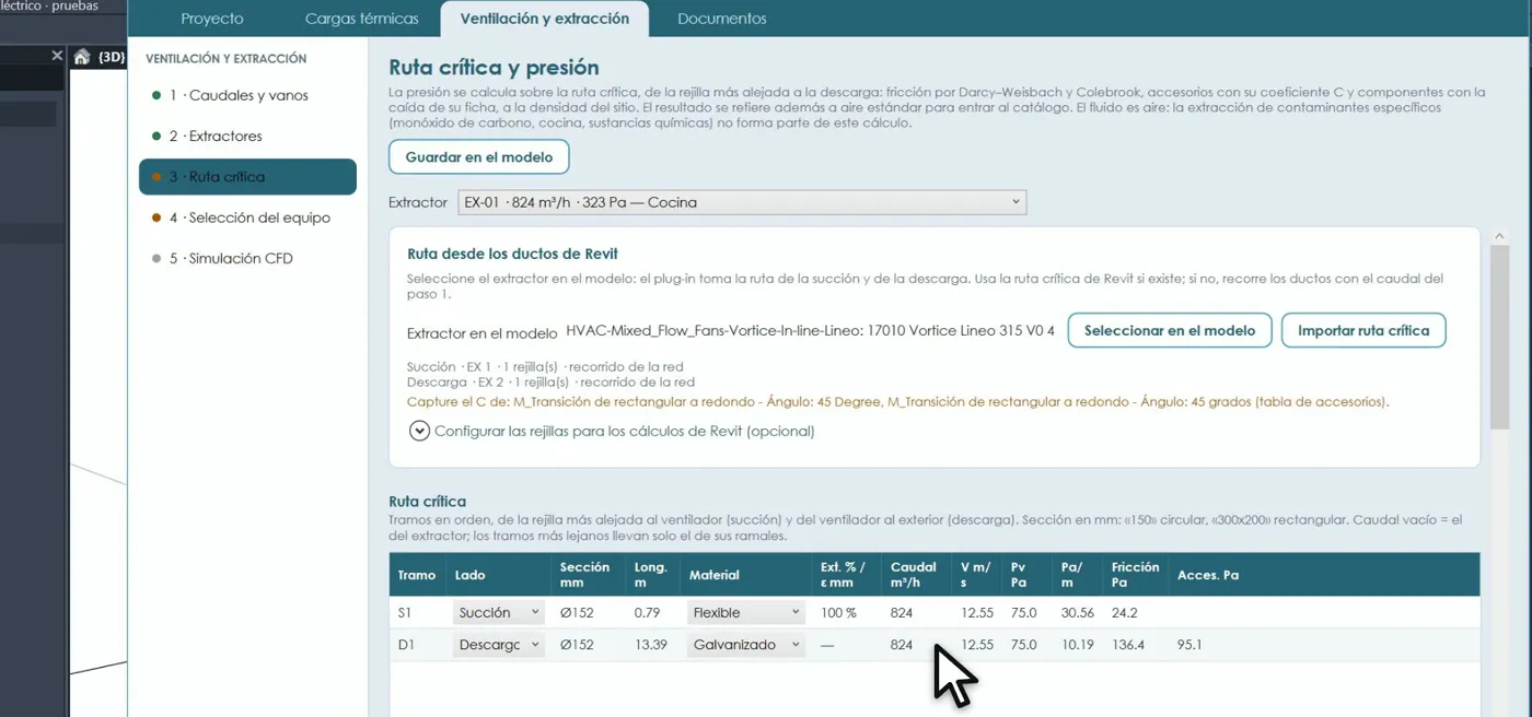 Ruta crítica y pérdidas de presión calculadas desde los ductos de Revit