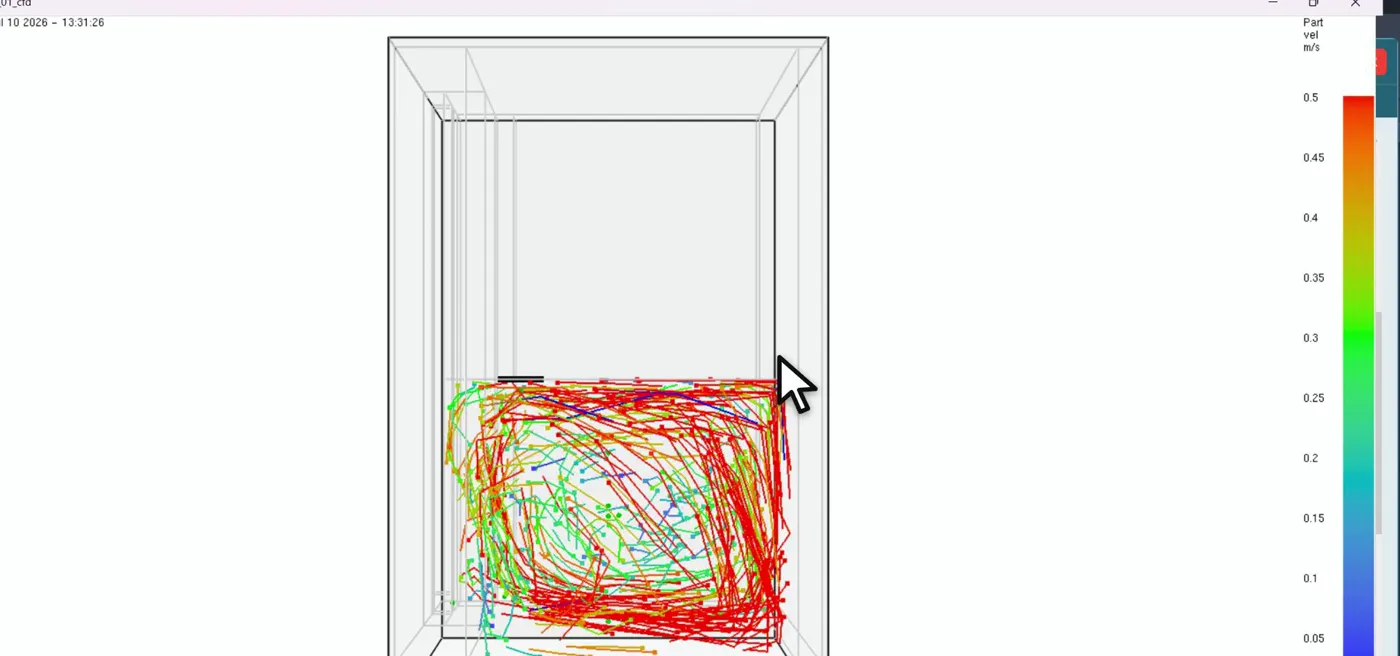 Simulación CFD con partículas que muestran el movimiento del aire en el local