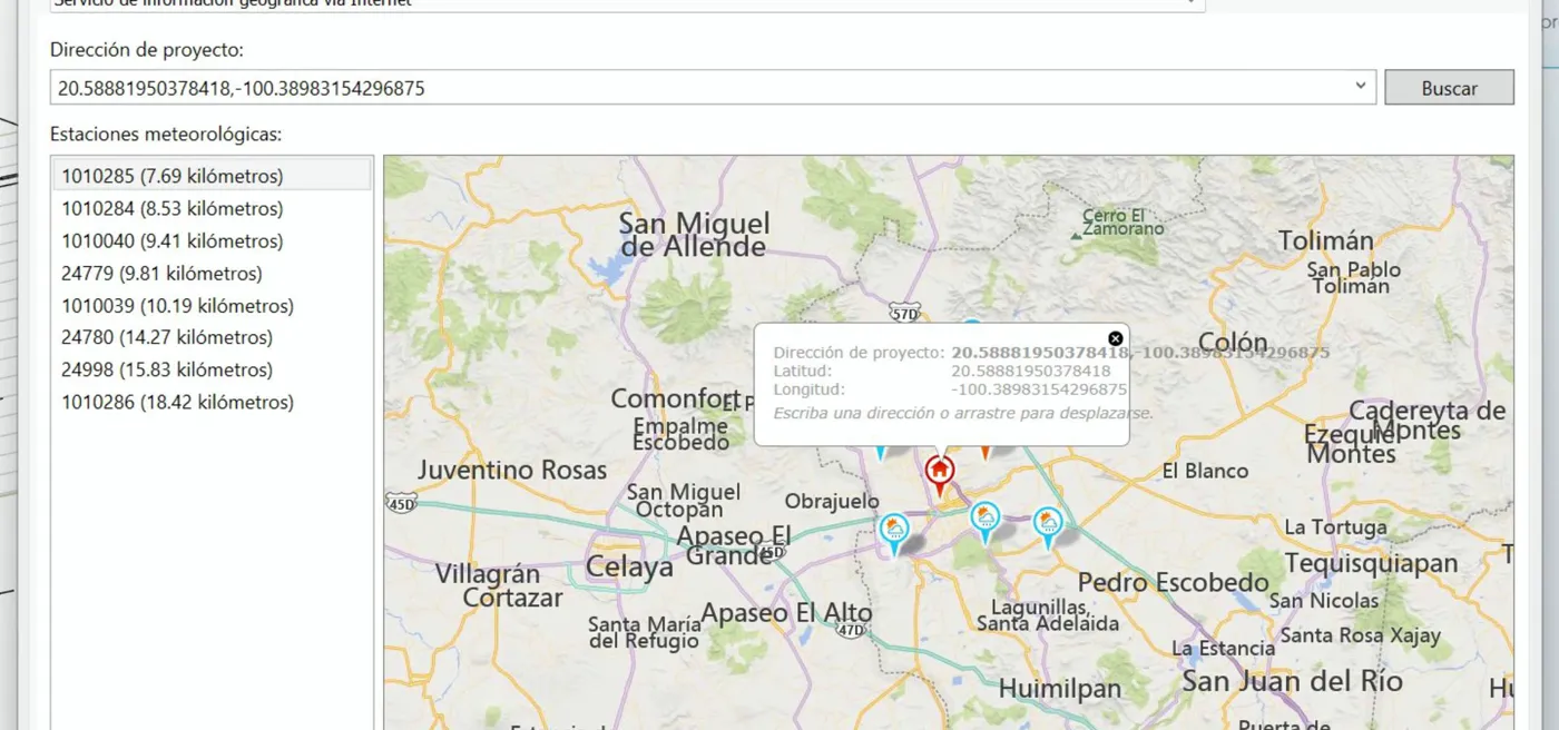 Ubicación del proyecto en el mapa de Revit con las estaciones meteorológicas cercanas