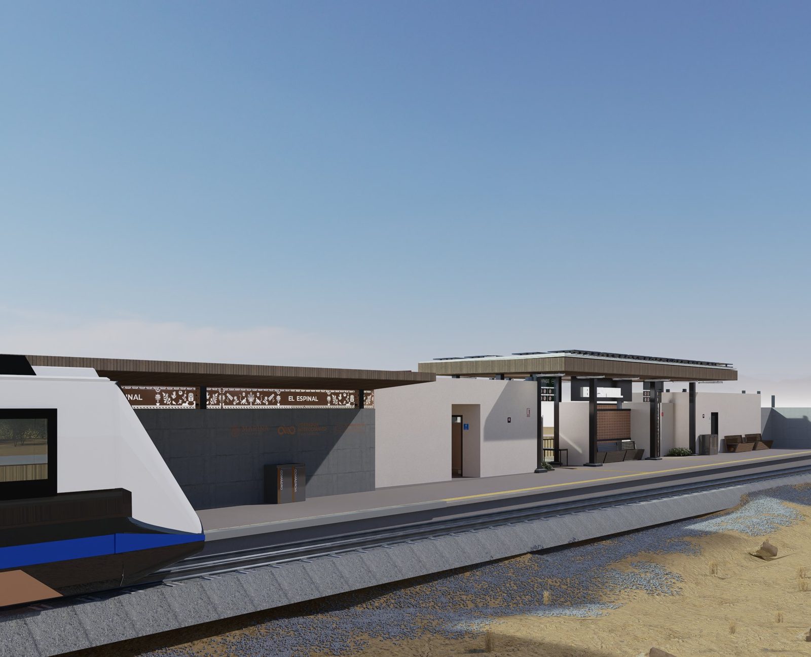Render de una estación ferroviaria del Istmo de Tehuantepec