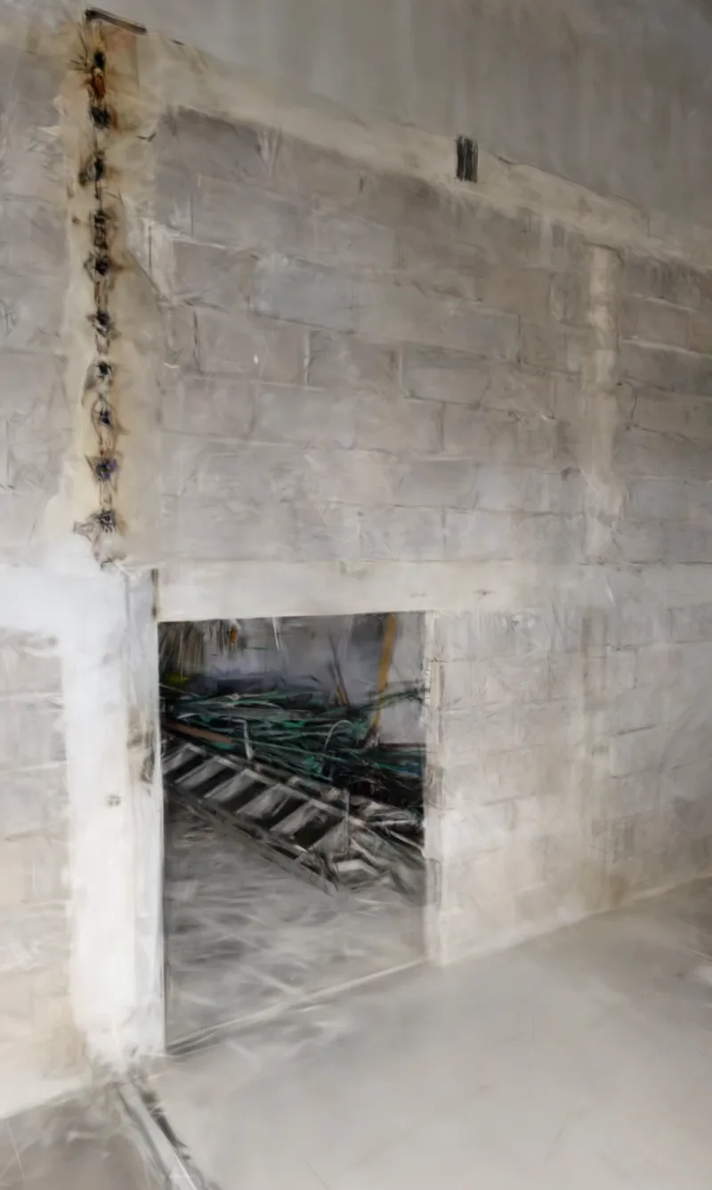 Recorrido 3D fotorrealista frente a un muro de block con un vano